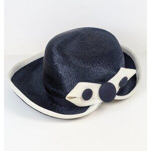 Jack McConnell Boutique Vintage Blue White Straw Hat Bow Asymmetrical Brim Derby